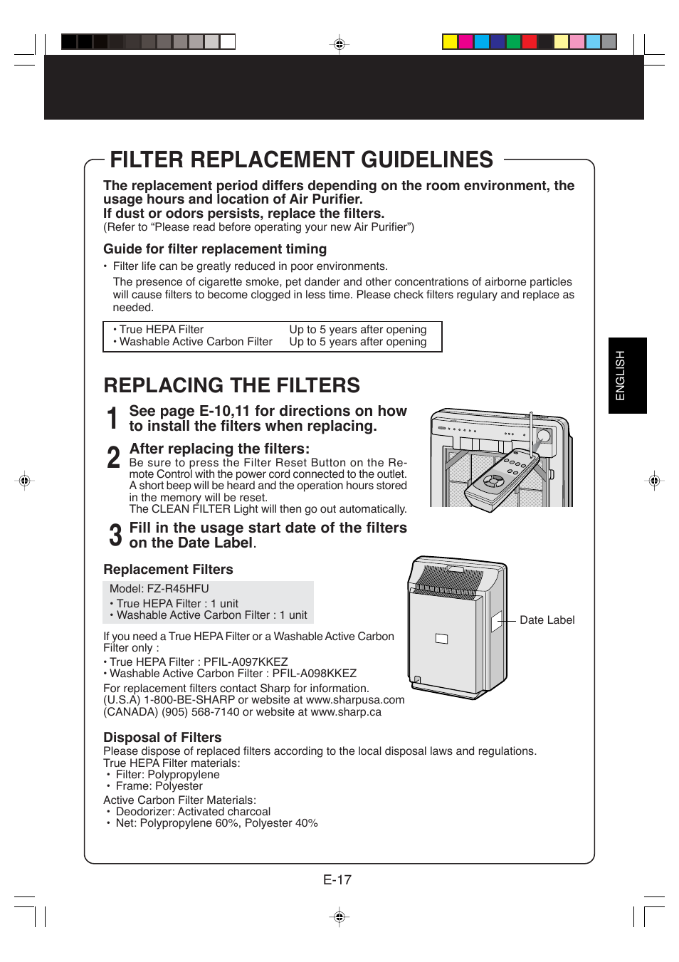 Filter replacement guidelines, Replacing the filters | Sharp FP-P40CX User Manual | Page 19 / 22