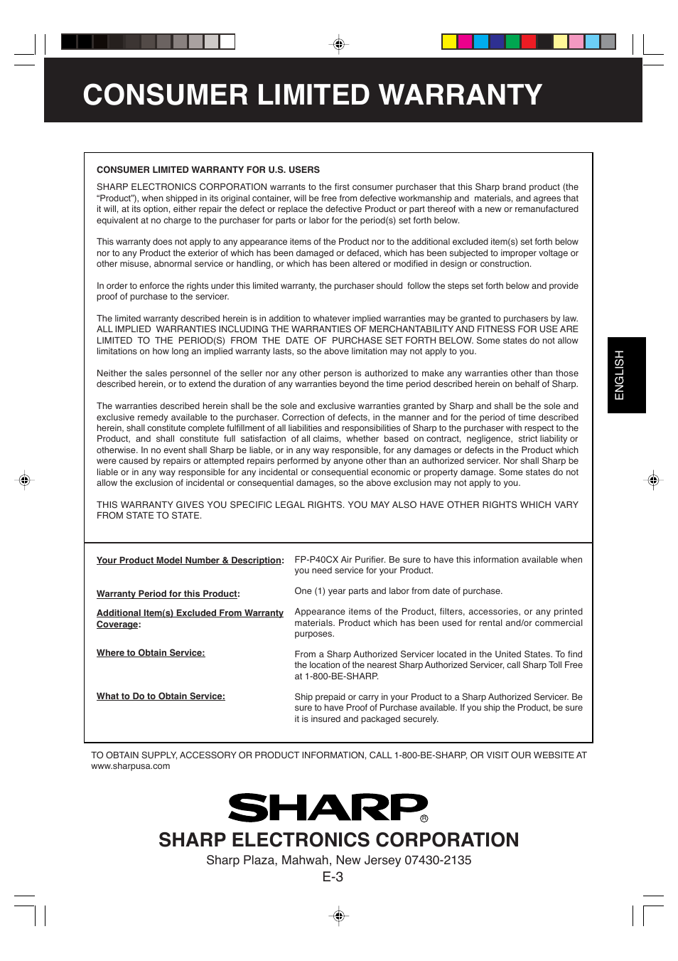 Consumer limited warranty, Sharp electronics corporation | Sharp FP-P40CX User Manual | Page 5 / 22