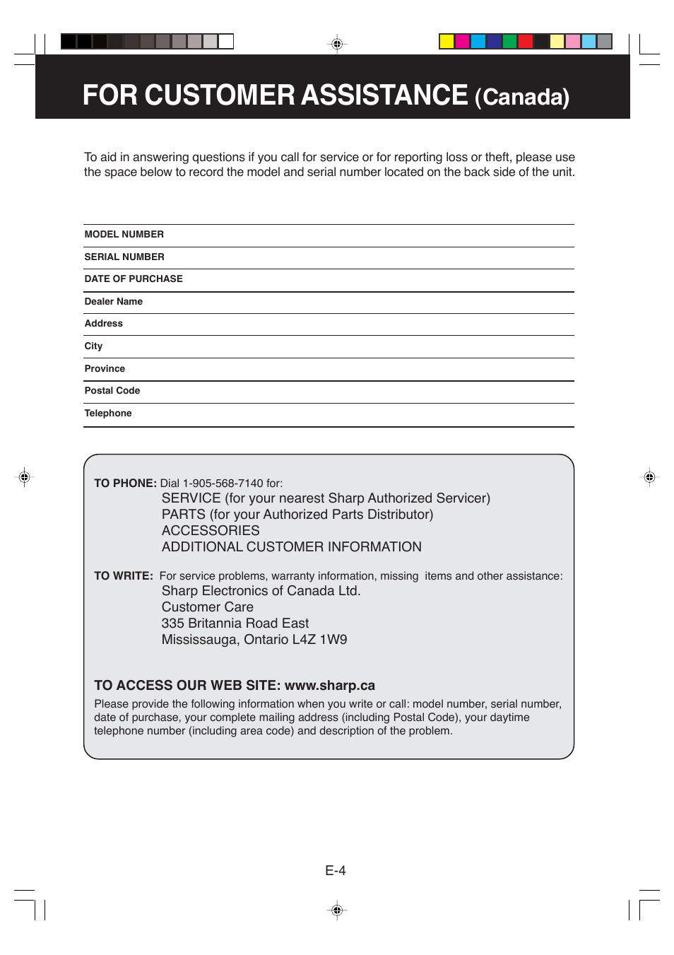 For customer assistance, Canada) | Sharp FP-P40CX User Manual | Page 6 / 22