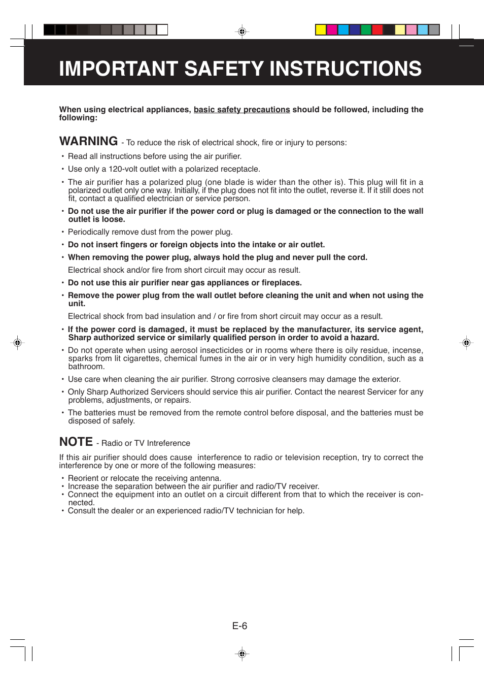 Important safety instructions, Warning | Sharp FP-P40CX User Manual | Page 8 / 22