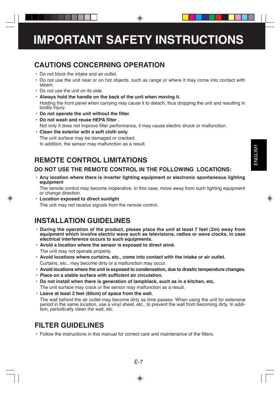Important safety instructions, Cautions concerning operation, Remote control limitations | Installation guidelines, Filter guidelines | Sharp FP-P40CX User Manual | Page 9 / 22