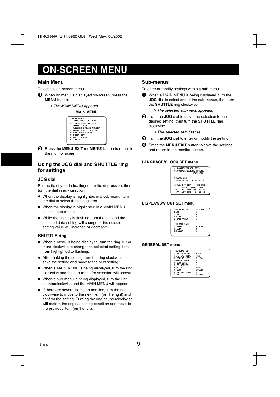 On-screen menu, Main menu, Using the jog dial and shuttle ring for settings | Sub-menus, Jog dial, Shuttle ring | Sharp SRT-8040 User Manual | Page 10 / 56