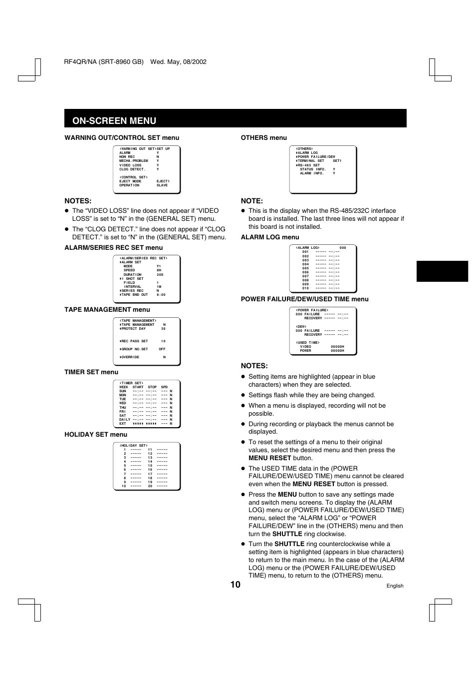 On-screen menu, Warning out/control set menu, Tape management menu | Timer set menu, Holiday set menu, Others menu, Power failure/dew/used time menu | Sharp SRT-8040 User Manual | Page 11 / 56