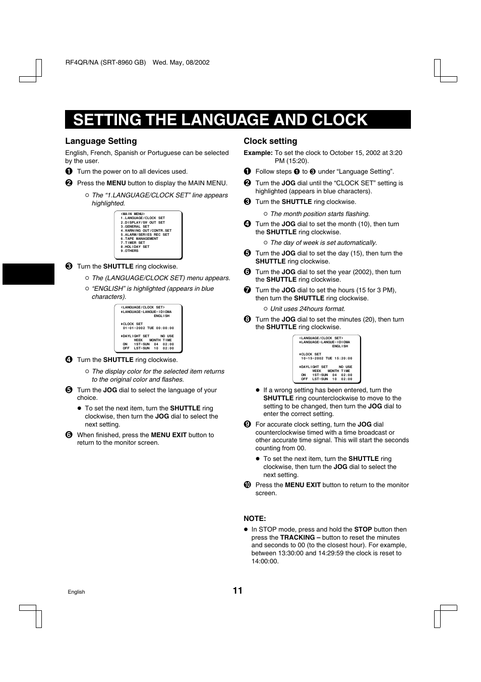 Setting the language and clock, Language setting, Clock setting | Sharp SRT-8040 User Manual | Page 12 / 56