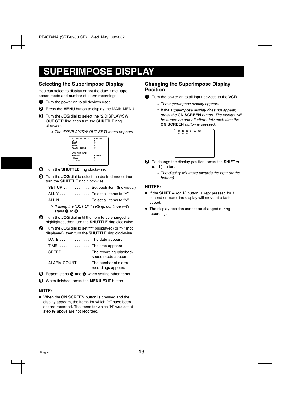 Superimpose display | Sharp SRT-8040 User Manual | Page 14 / 56