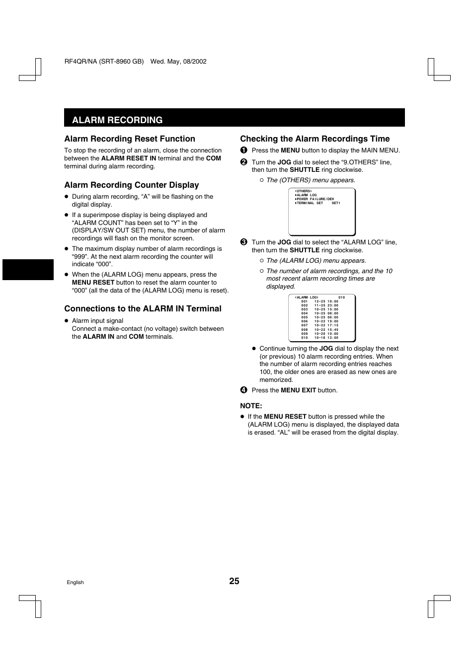 Alarm recording, Alarm recording reset function, Alarm recording counter display | Connections to the alarm in terminal, Checking the alarm recordings time | Sharp SRT-8040 User Manual | Page 26 / 56