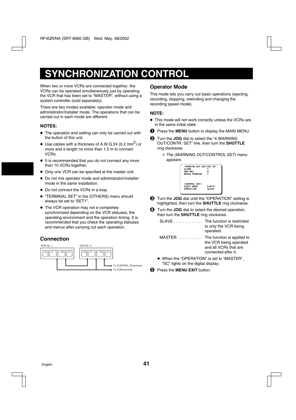 Synchronization control, Connection operator mode | Sharp SRT-8040 User Manual | Page 42 / 56