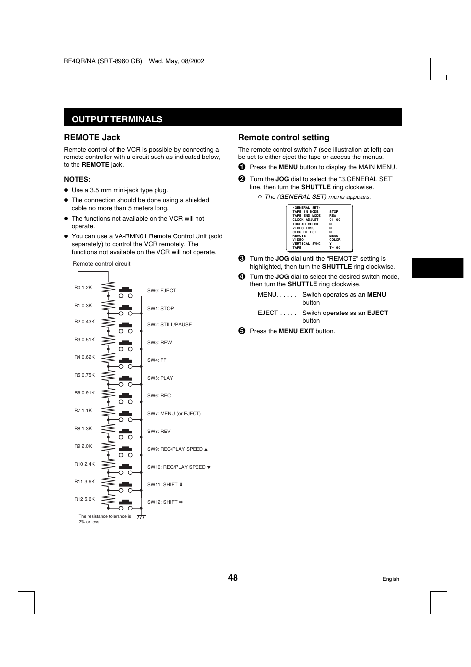 Output terminals, Remote jack, Remote control setting | Sharp SRT-8040 User Manual | Page 49 / 56