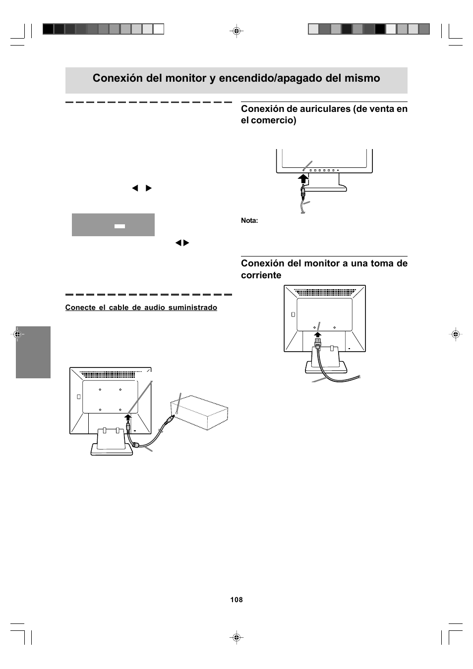 Conexión del monitor y encendido/apagado del mismo, Conexión de auriculares (de venta en el comercio), Conexión del monitor a una toma de corriente | Sharp LL-T17A4 User Manual | Page 108 / 132