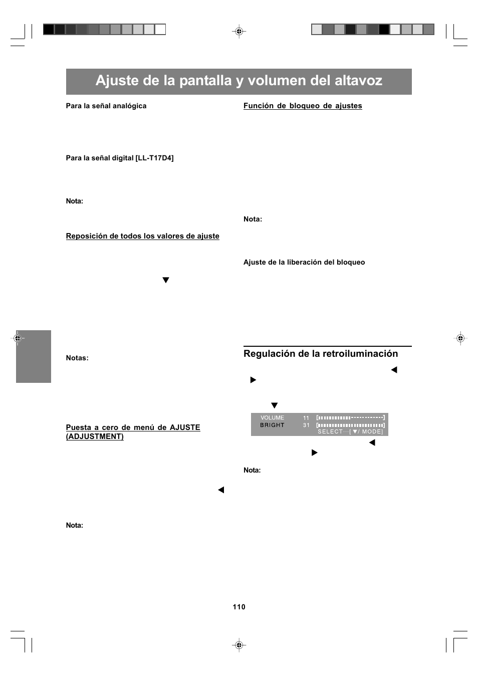 Ajuste de la pantalla y volumen del altavoz, Regulación de la retroiluminación | Sharp LL-T17A4 User Manual | Page 110 / 132