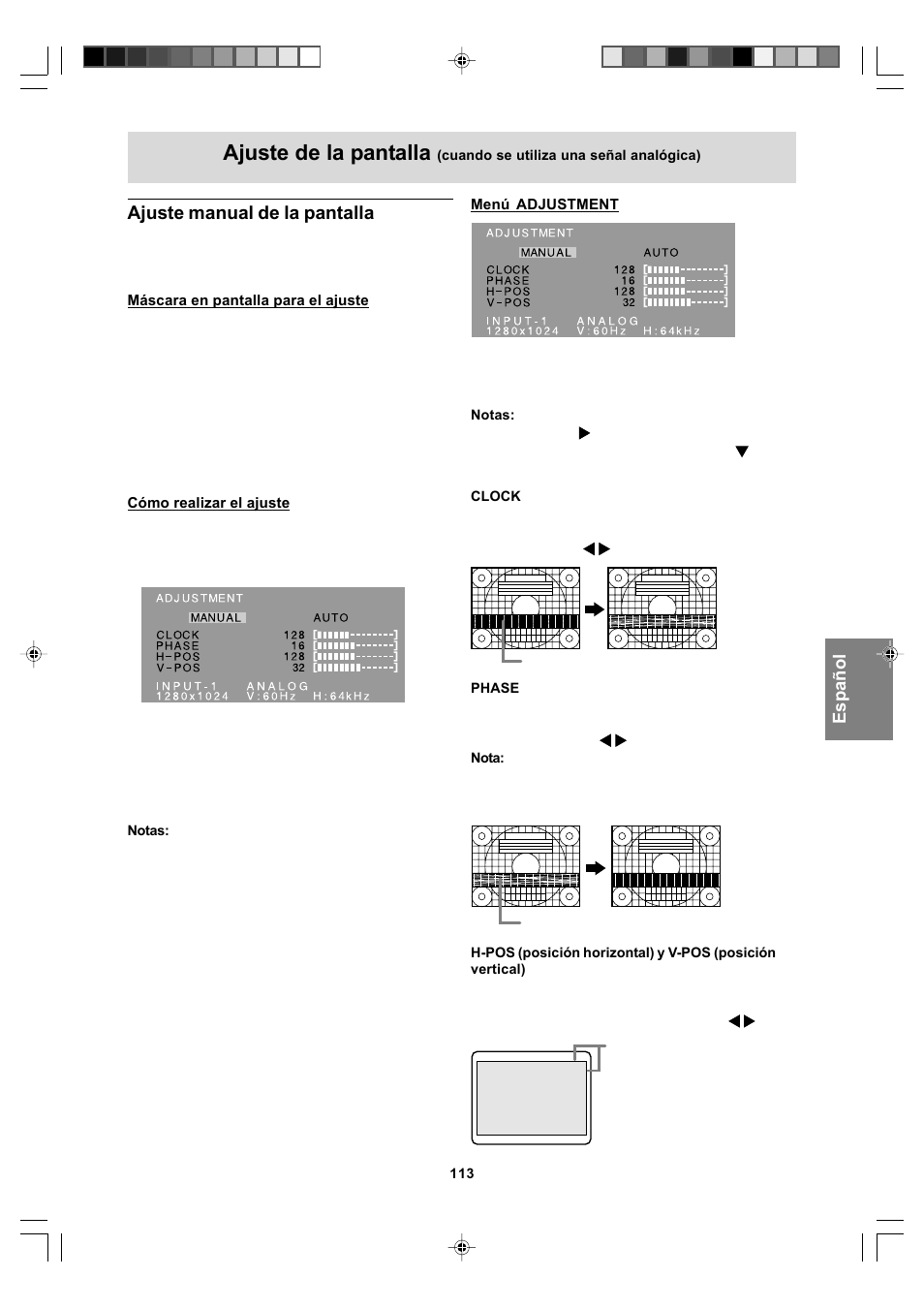 Ajuste de la pantalla, Ajuste manual de la pantalla | Sharp LL-T17A4 User Manual | Page 113 / 132