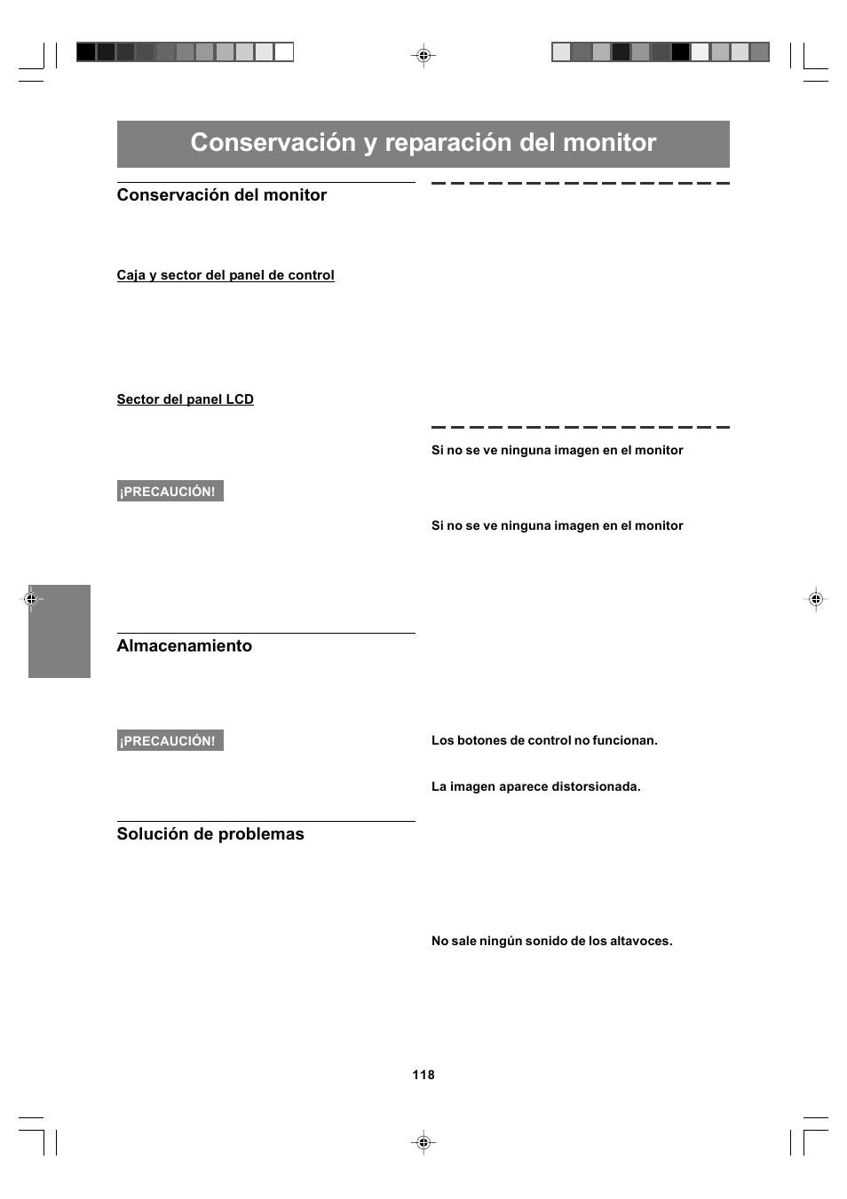 Conservación y reparación del monitor, Conservación del monitor, Almacenamiento | Solución de problemas | Sharp LL-T17A4 User Manual | Page 118 / 132