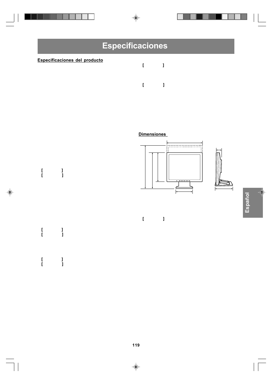 Especificaciones, English deut sch français italiano español english | Sharp LL-T17A4 User Manual | Page 119 / 132