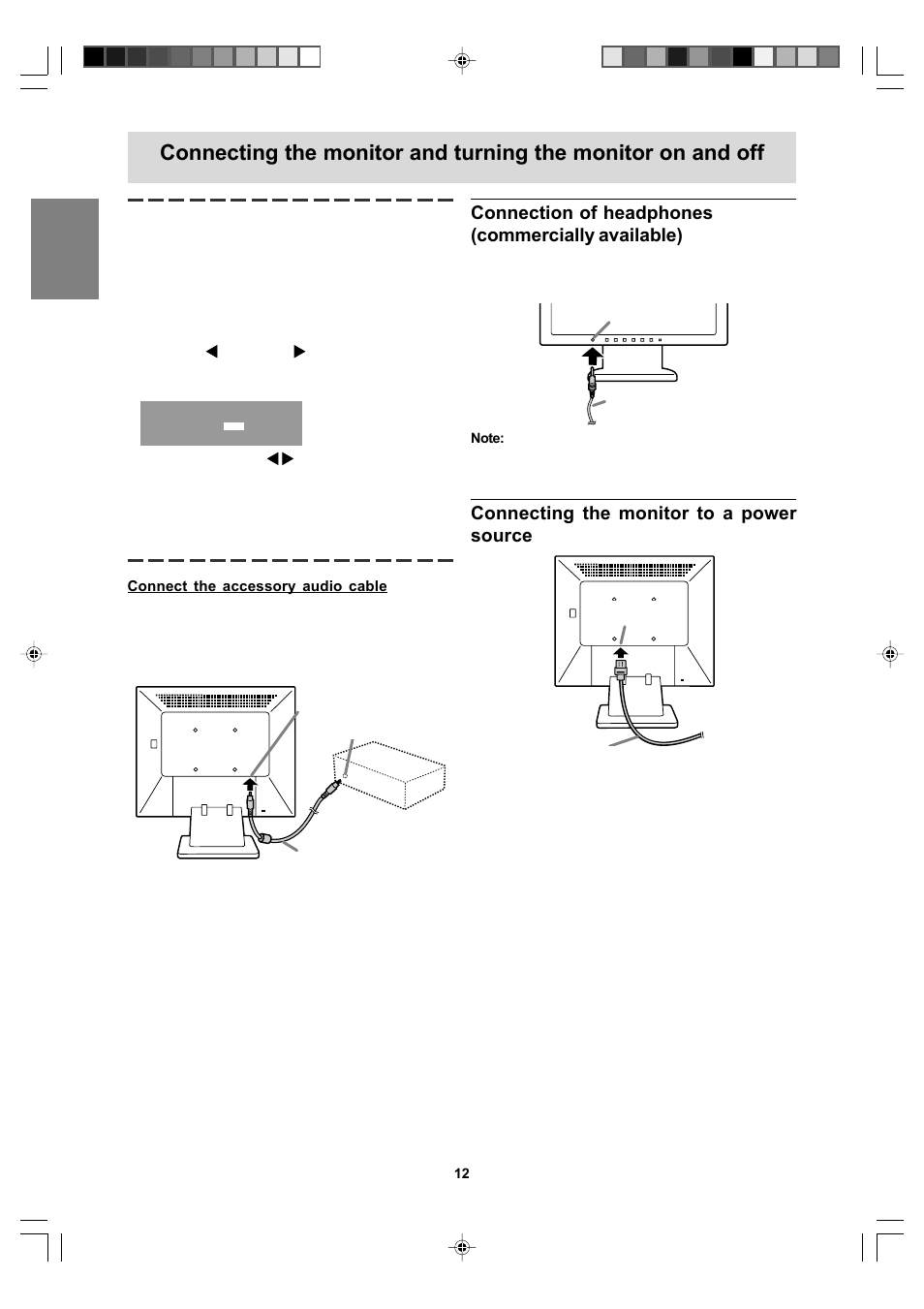 Connection of headphones (commercially available), Connecting the monitor to a power source | Sharp LL-T17A4 User Manual | Page 12 / 132