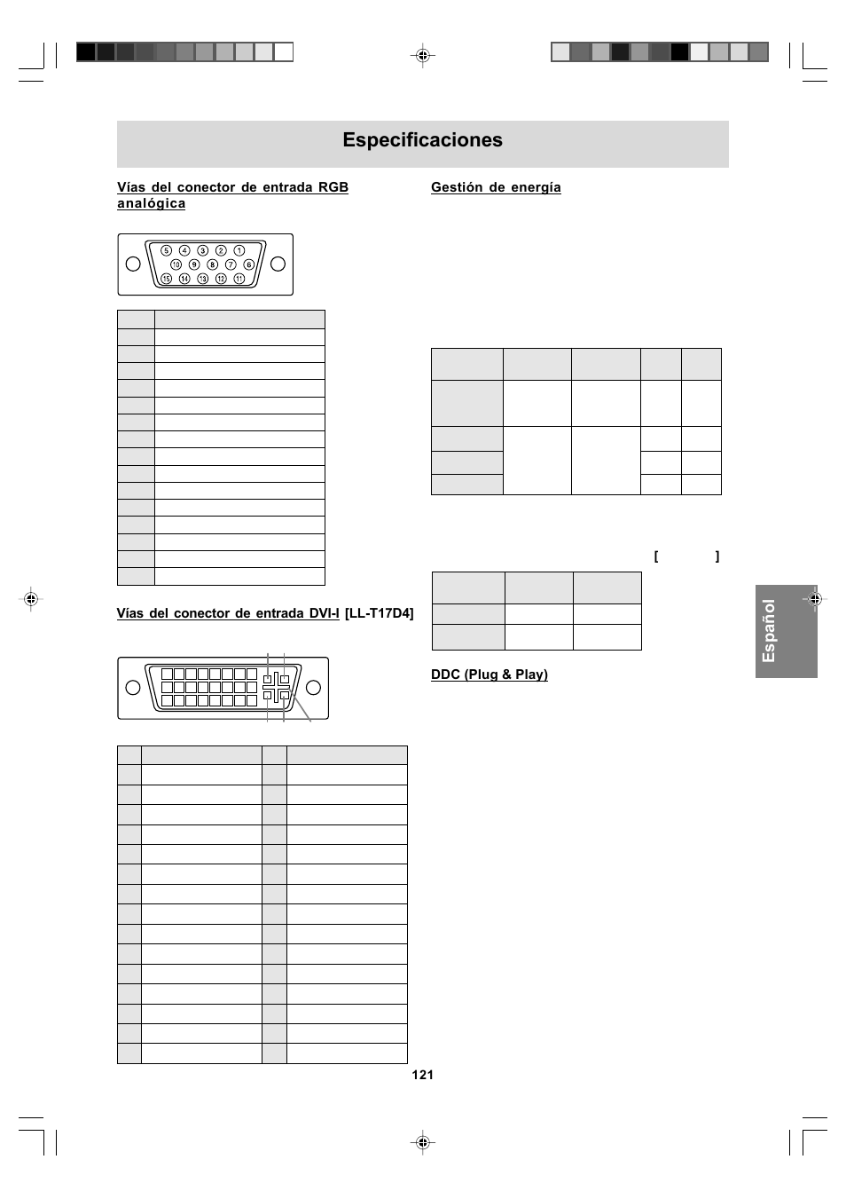 Especificaciones, English deut sch français italiano español english | Sharp LL-T17A4 User Manual | Page 121 / 132