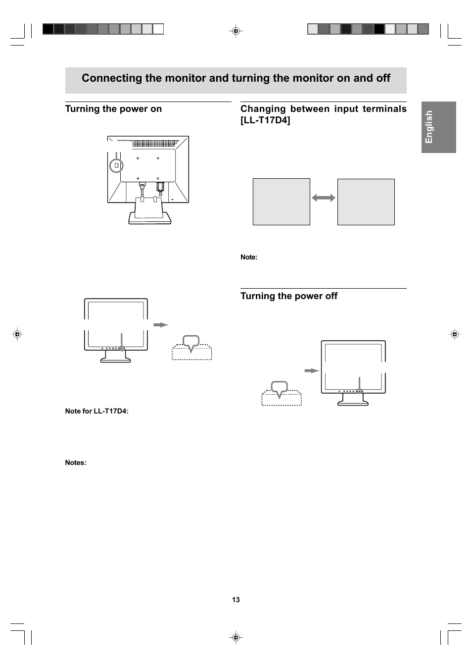 Turning the power on, Changing between input terminals [ll-t17d4, Turning the power off | Sharp LL-T17A4 User Manual | Page 13 / 132