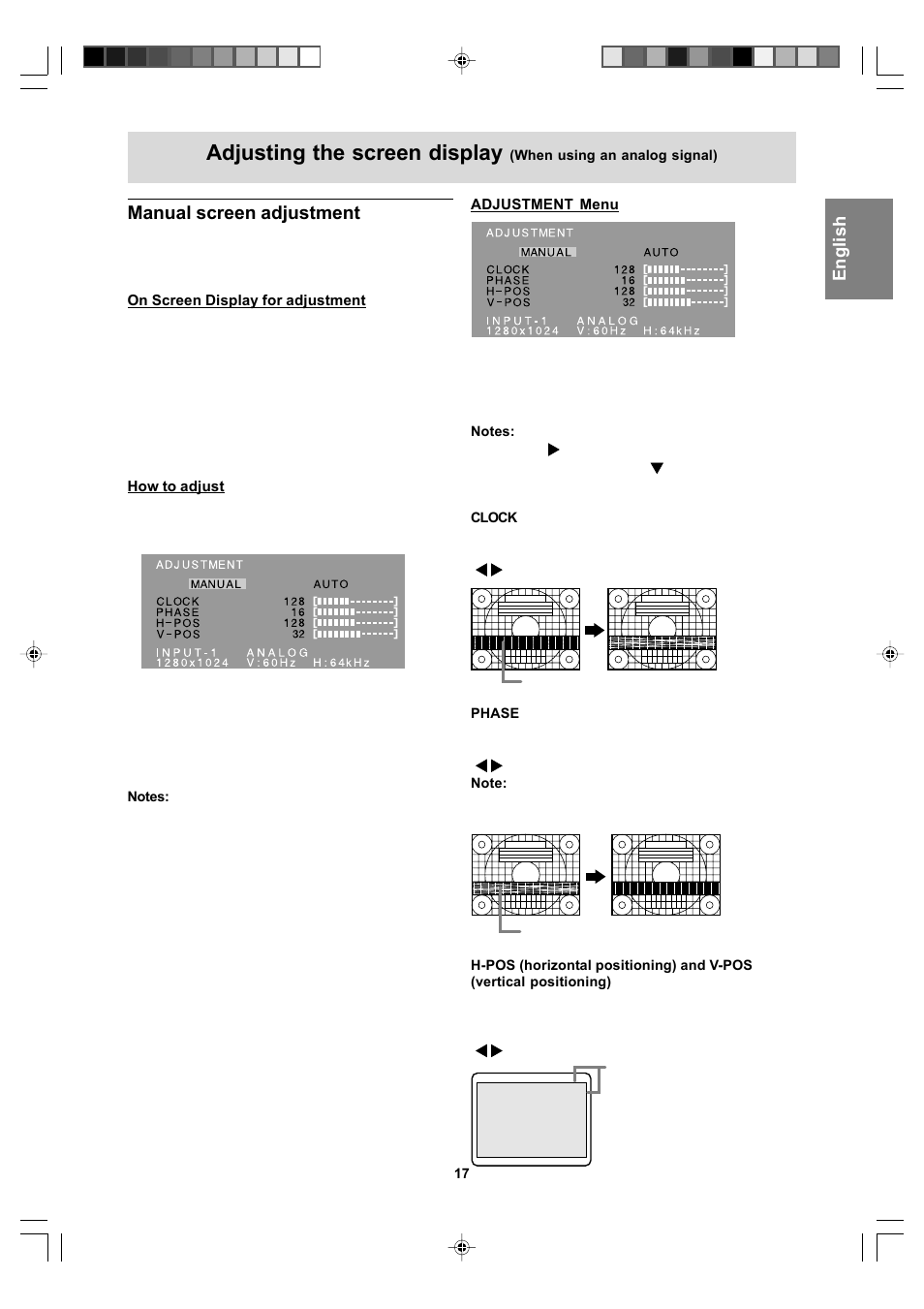 Adjusting the screen display, Manual screen adjustment | Sharp LL-T17A4 User Manual | Page 17 / 132