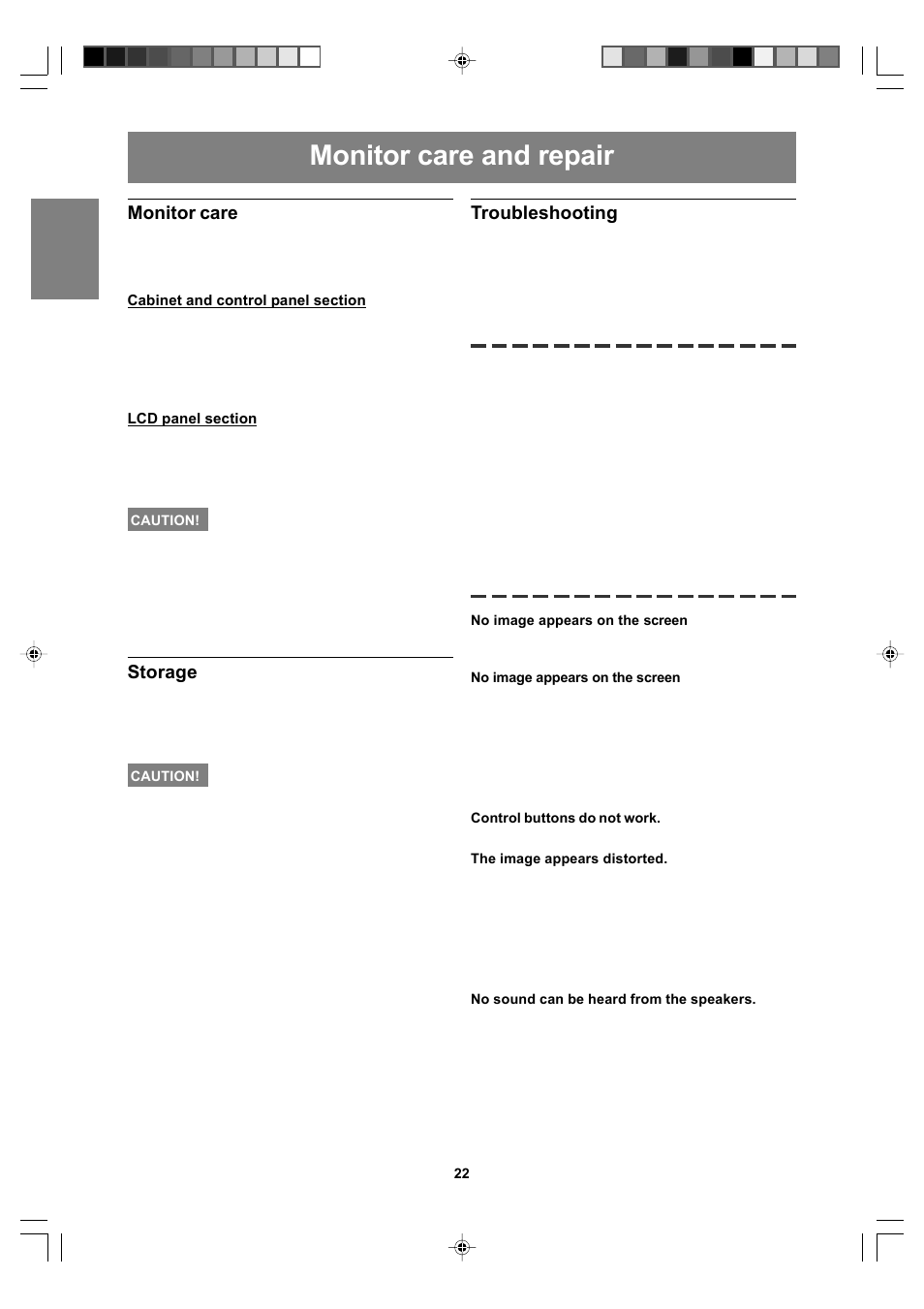 Monitor care and repair, Monitor care, Storage | Troubleshooting | Sharp LL-T17A4 User Manual | Page 22 / 132