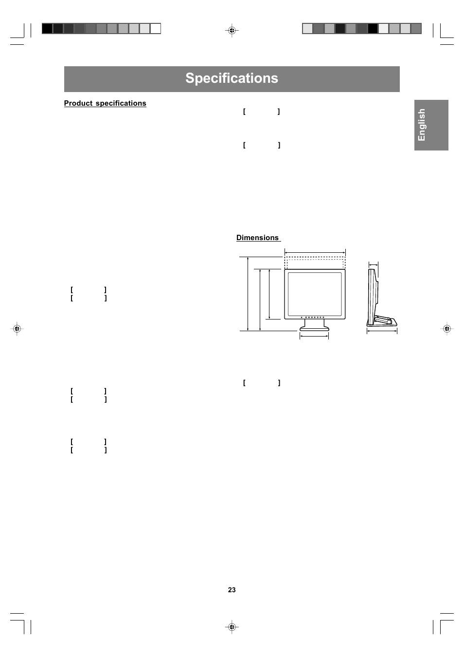 Specifications, English deut sch français italiano español english | Sharp LL-T17A4 User Manual | Page 23 / 132