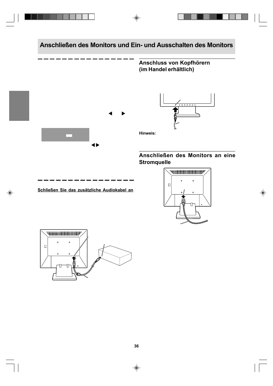 Anschluss von kopfhörern (im handel erhältlich), Anschließen des monitors an eine stromquelle | Sharp LL-T17A4 User Manual | Page 36 / 132