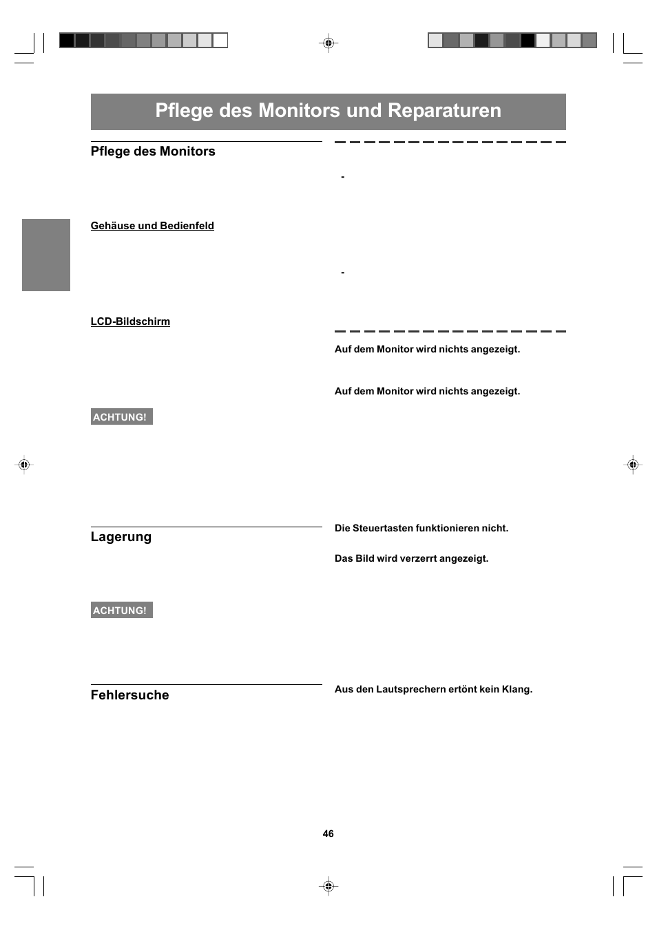 Pflege des monitors und reparaturen, Pflege des monitors, Lagerung | Fehlersuche | Sharp LL-T17A4 User Manual | Page 46 / 132