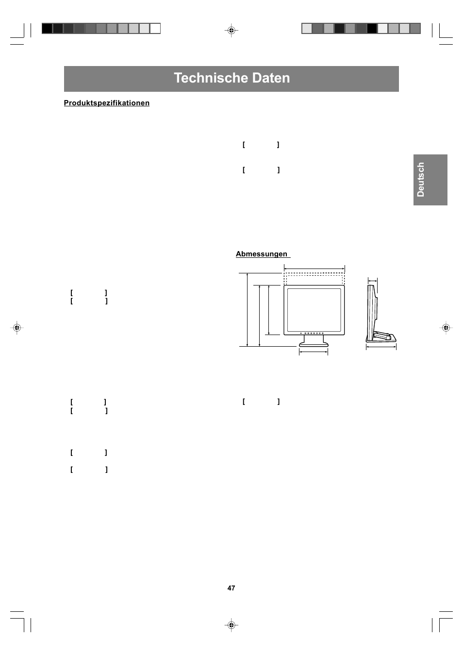 Technische daten, English deut sch français italiano español english | Sharp LL-T17A4 User Manual | Page 47 / 132