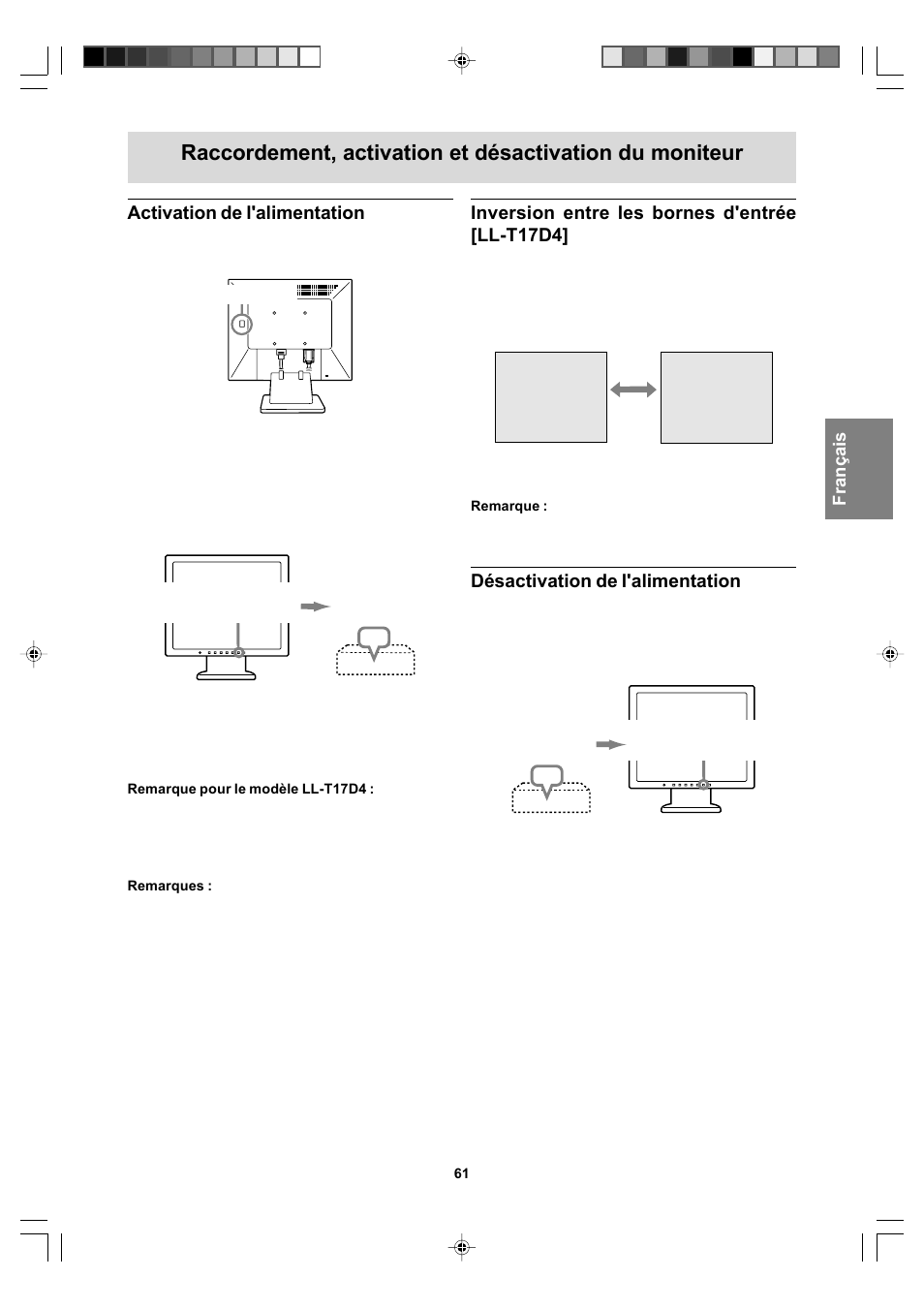 Activation de l'alimentation, Inversion entre les bornes d'entrée [ll-t17d4, Désactivation de l'alimentation | Sharp LL-T17A4 User Manual | Page 61 / 132