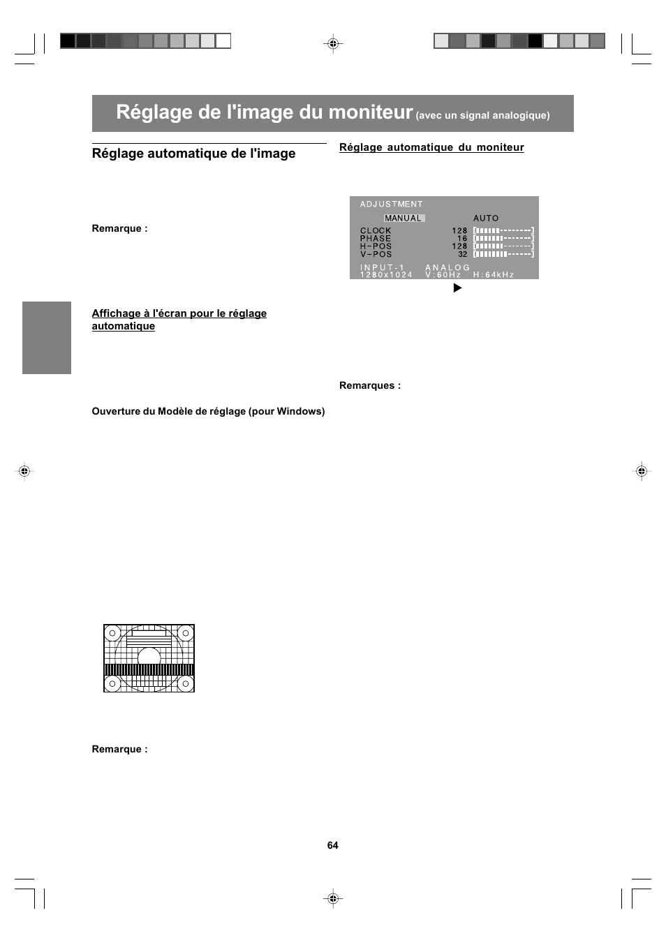 Réglage de l'image du moniteur, Réglage automatique de l'image | Sharp LL-T17A4 User Manual | Page 64 / 132