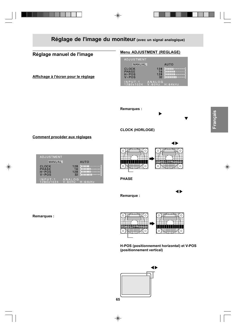 Réglage de l'image du moniteur, Réglage manuel de l'image | Sharp LL-T17A4 User Manual | Page 65 / 132