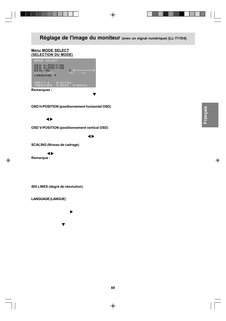 Réglage de l'image du moniteur | Sharp LL-T17A4 User Manual | Page 69 / 132