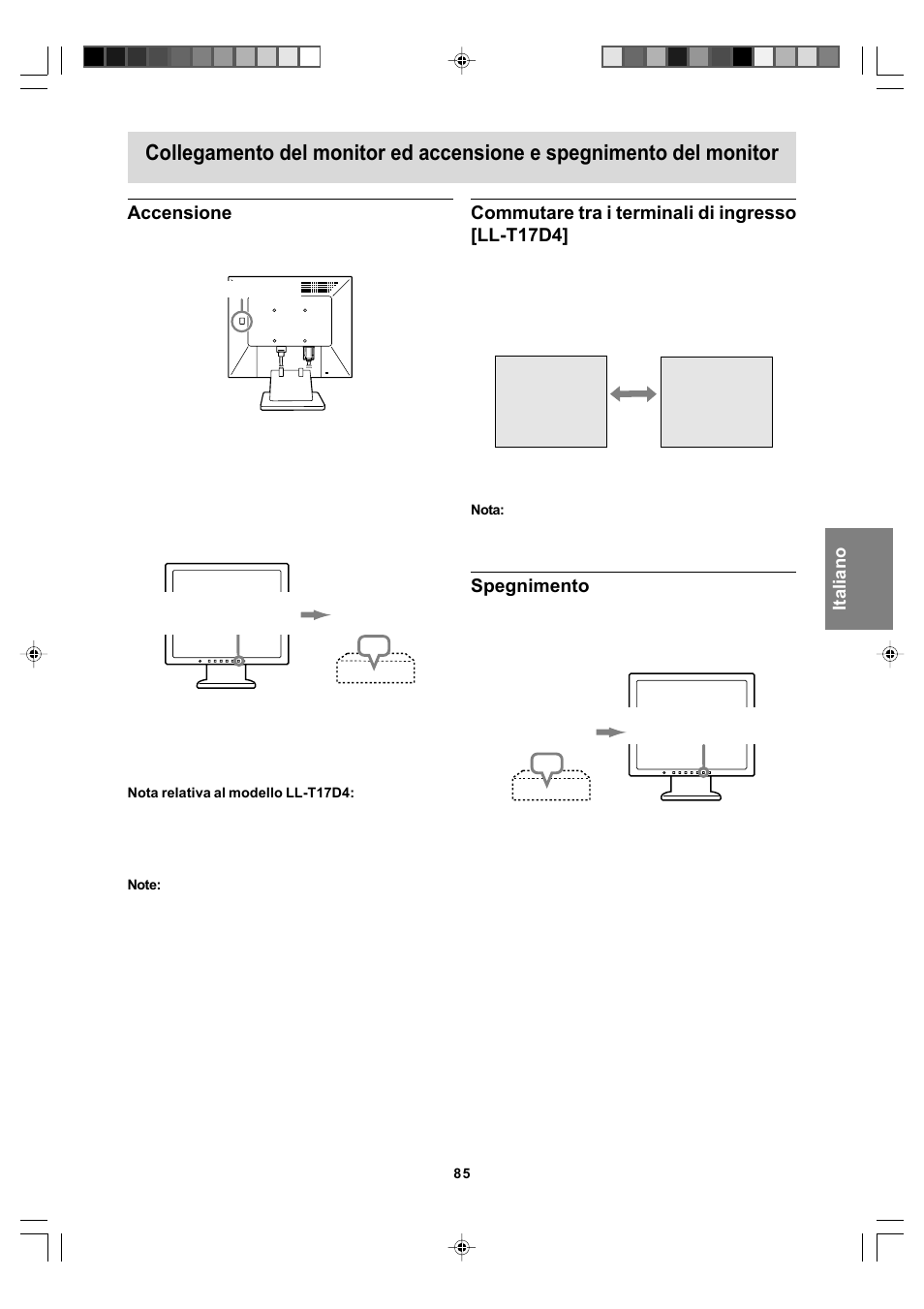 Accensione, Commutare tra i terminali di ingresso [ll-t17d4, Spegnimento | Sharp LL-T17A4 User Manual | Page 85 / 132