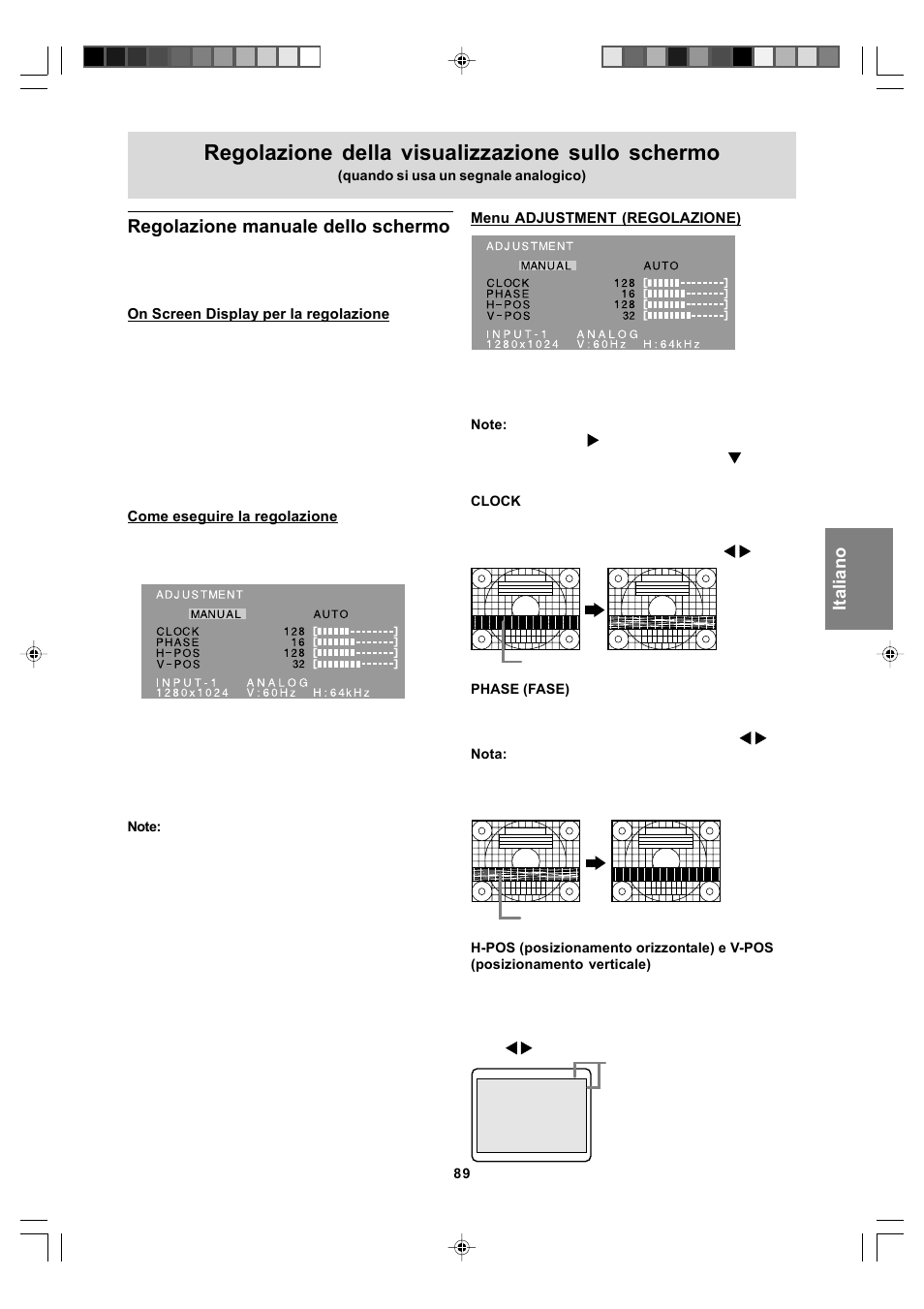 Regolazione della visualizzazione sullo schermo, Regolazione manuale dello schermo | Sharp LL-T17A4 User Manual | Page 89 / 132