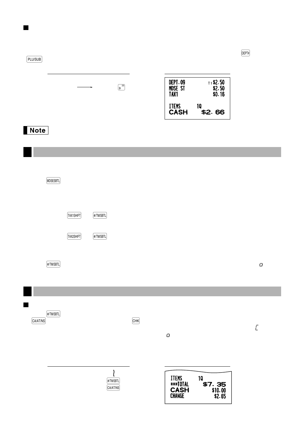 Single item cash sale (sics) entry, 4 displaying subtotals, 5 finalization of transaction | Cash or check tendering | Sharp ELECTRONIC CASH REGISTER XE-A201 User Manual | Page 19 / 105