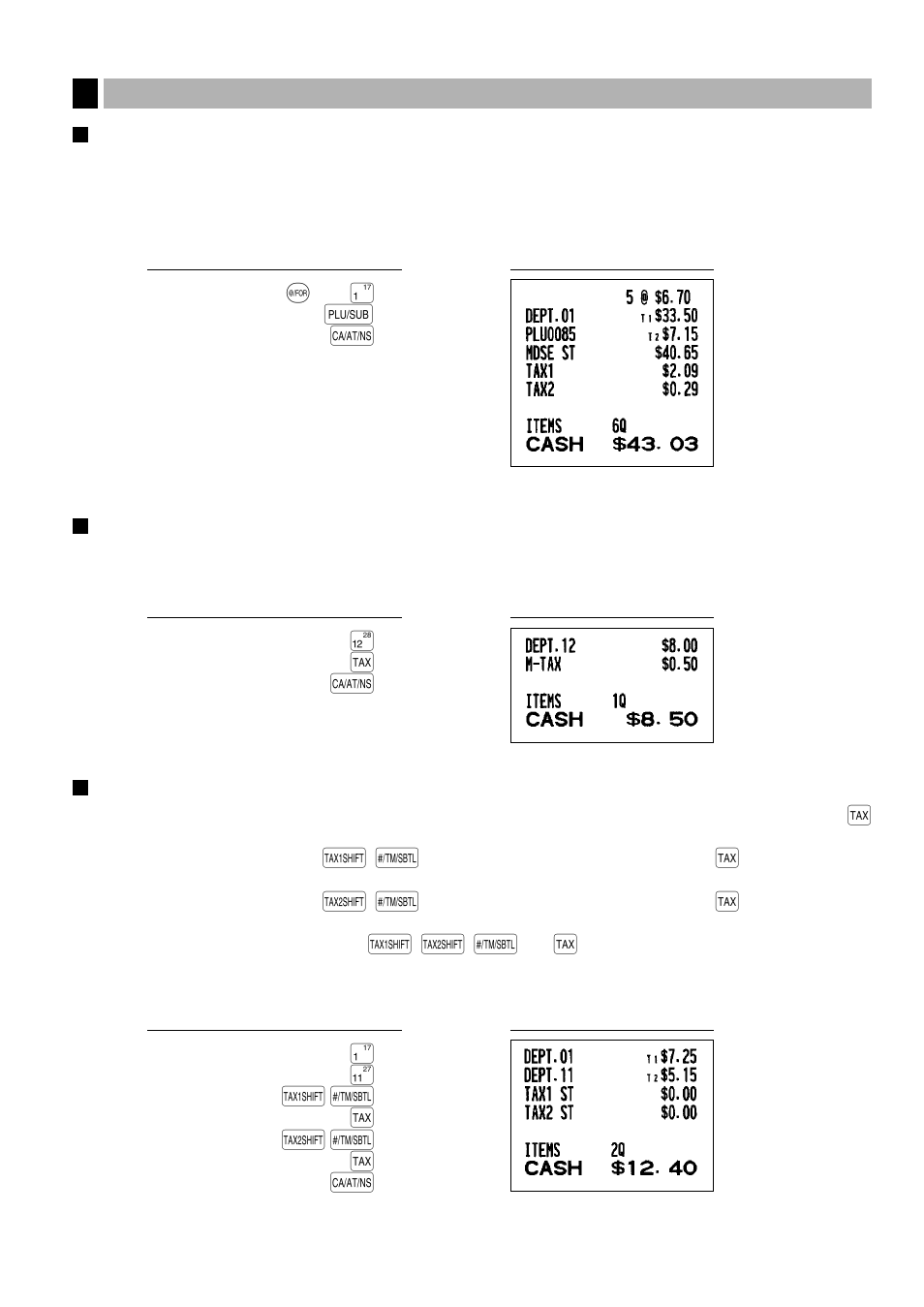 6 tax calculation, Automatic tax, Manual tax | Tax delete, Automatic tax manual tax tax delete | Sharp ELECTRONIC CASH REGISTER XE-A201 User Manual | Page 21 / 105