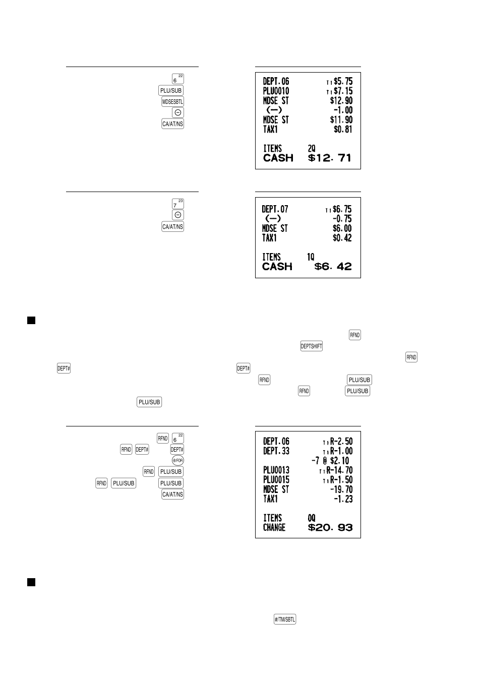 Refund entries, Non-add code number entries and printing | Sharp ELECTRONIC CASH REGISTER XE-A201 User Manual | Page 24 / 105