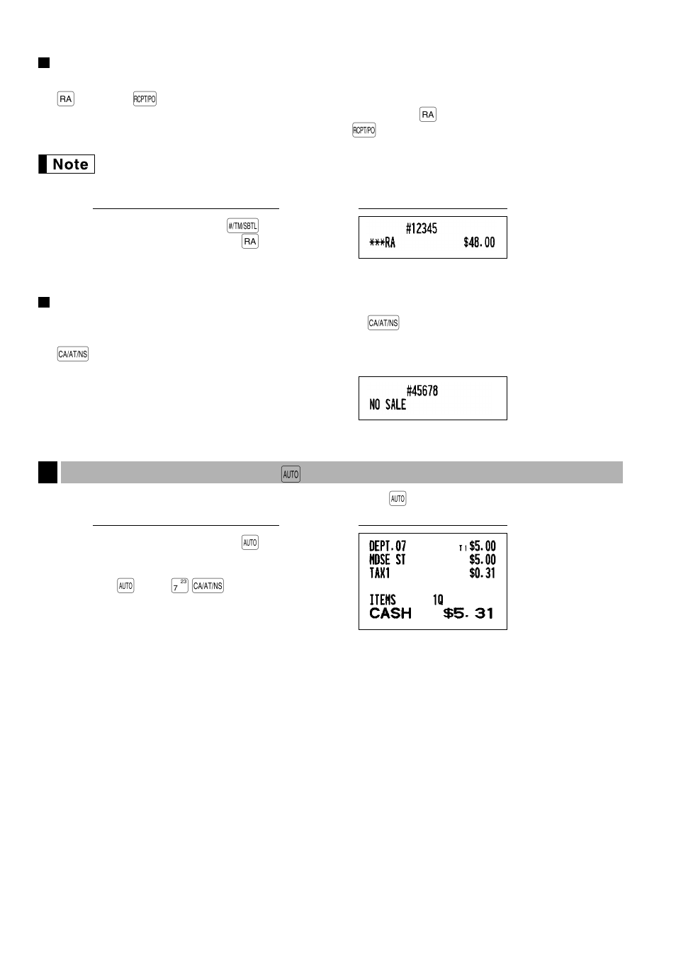 Received-on account and paid-out entries, No sale (exchange), 3 automatic sequencing key entries | 3 automatic sequence key, Key) entries | Sharp ELECTRONIC CASH REGISTER XE-A201 User Manual | Page 26 / 105