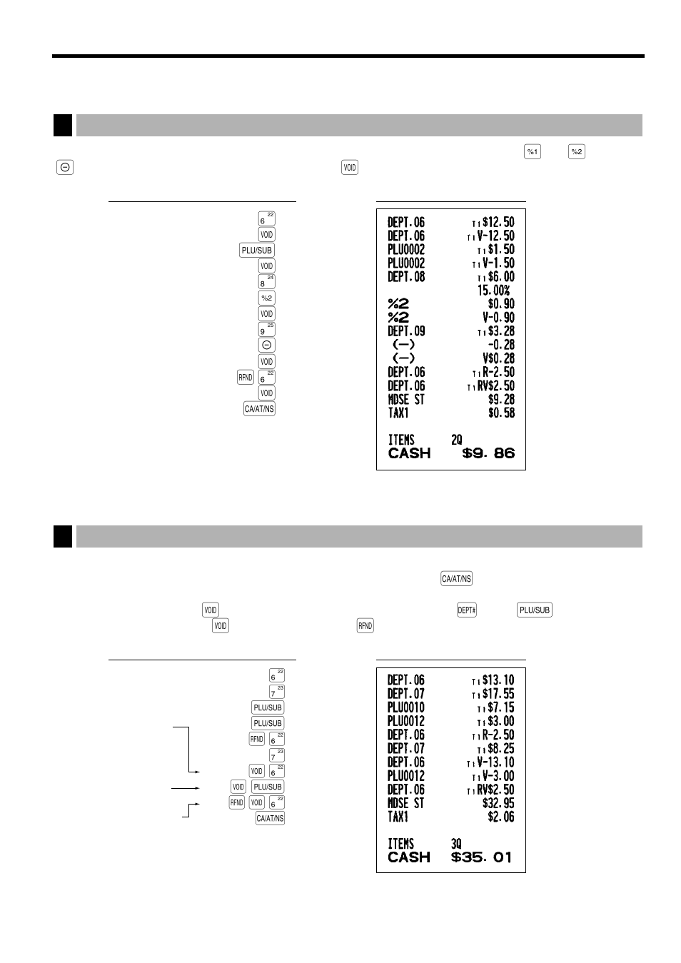 Correction, 1 correction of the last entry (direct void), Section. for | F + v a | Sharp ELECTRONIC CASH REGISTER XE-A201 User Manual | Page 27 / 105