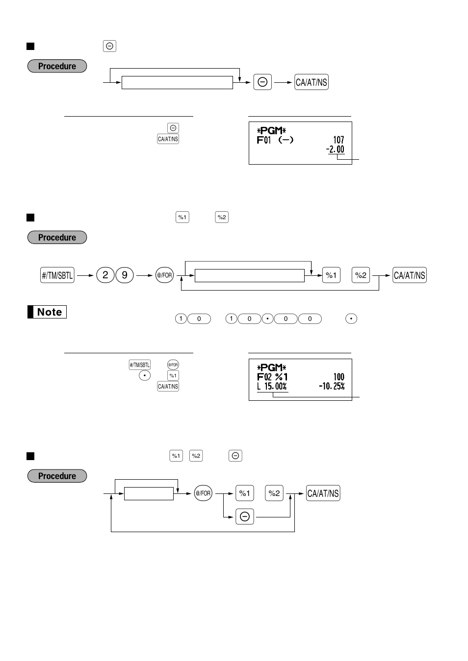 Amount for discount key, Percent rate limitation for [%1] and [%2, Amount for | Percent rate limitation for, Function parameters for, S@ 29 | Sharp ELECTRONIC CASH REGISTER XE-A201 User Manual | Page 38 / 105
