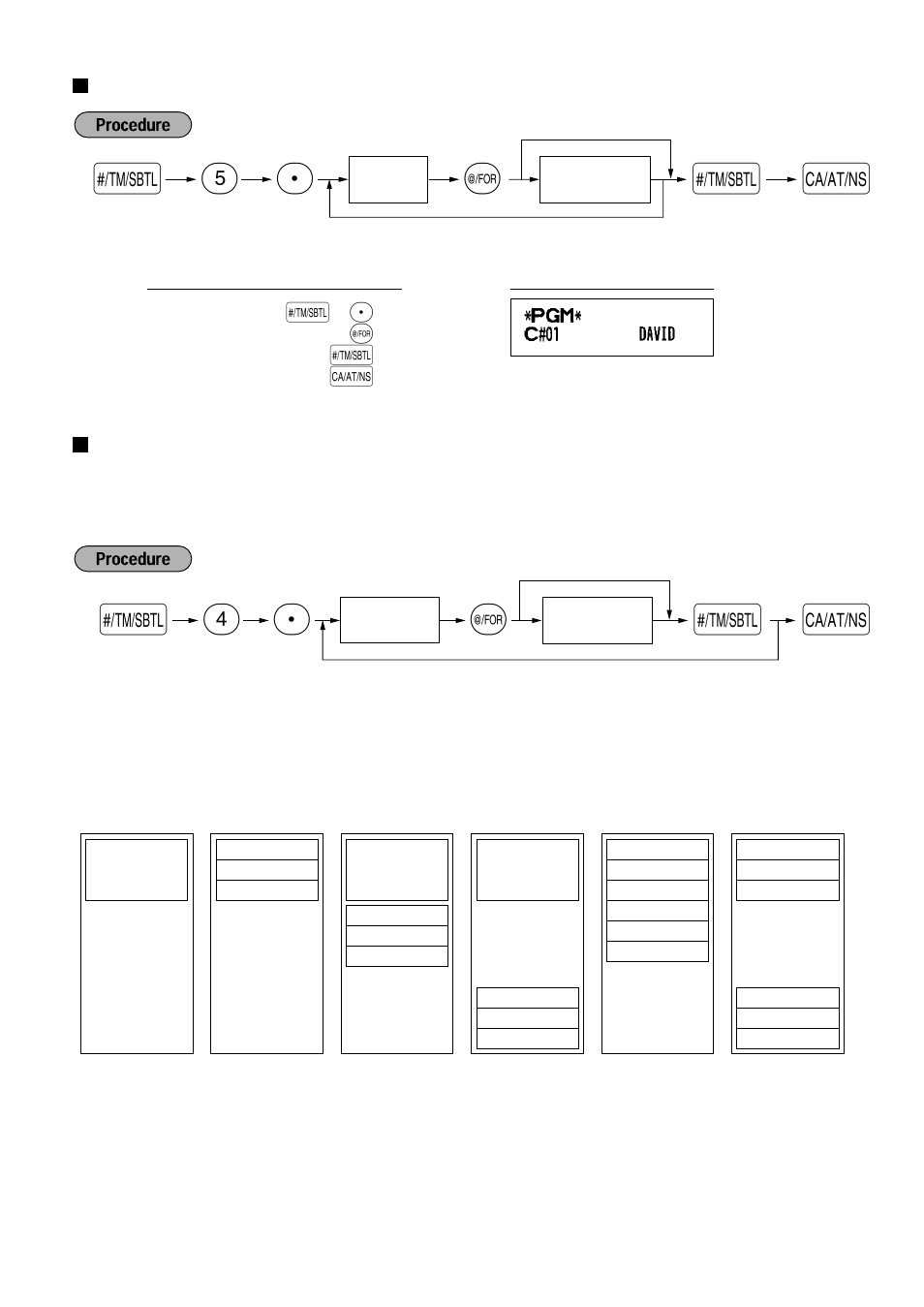 Clerk names, Logo messages, Sp 5 s | Sp 4 | Sharp ELECTRONIC CASH REGISTER XE-A201 User Manual | Page 45 / 105