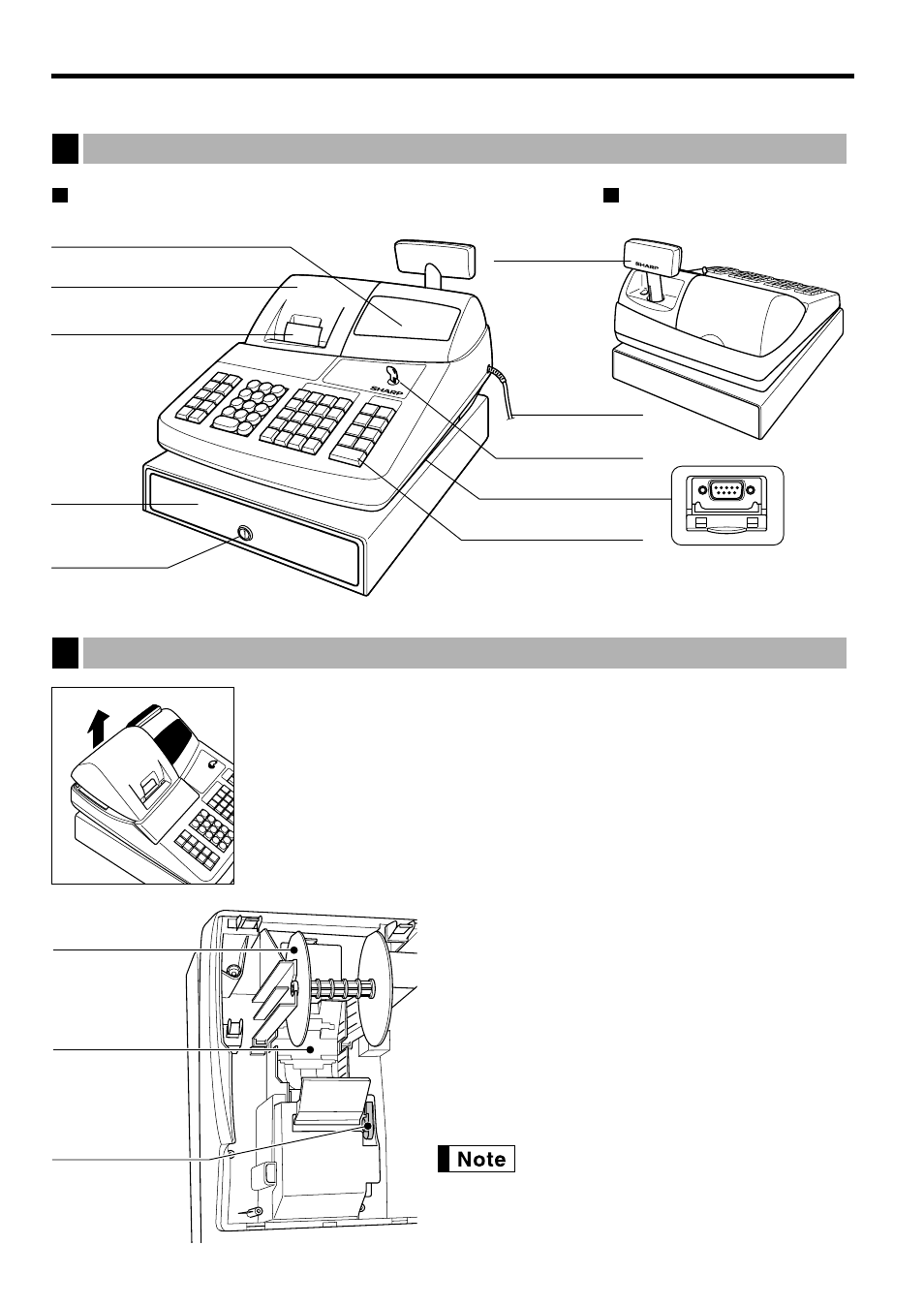 Parts and their functions, 1 external view, Front view | Rear view, 2 printer, 1 external view 2 printer, Front view rear view external view, Printer | Sharp ELECTRONIC CASH REGISTER XE-A201 User Manual | Page 6 / 105