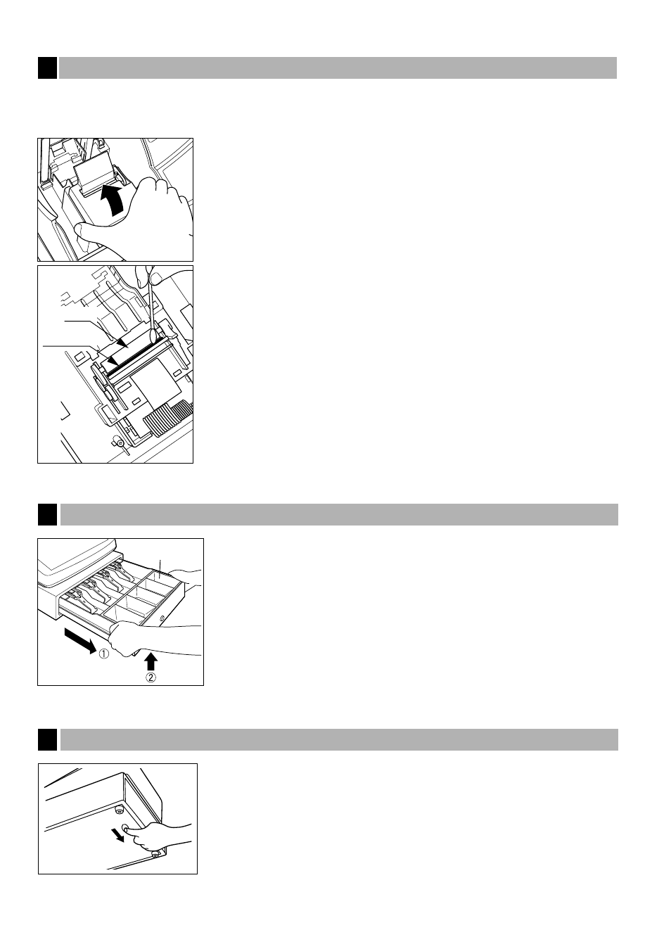 7 cleaning the print head, 8 removing the drawer, 9 opening the drawer by hand | Opening the drawer by hand, Removing the drawer, Cleaning the print head | Sharp ELECTRONIC CASH REGISTER XE-A201 User Manual | Page 68 / 105