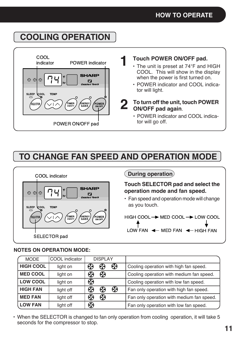 Cooling operation, To change fan speed and operation mode, How to operate | Touch power on/off pad | Sharp AF-S120EX User Manual | Page 11 / 20