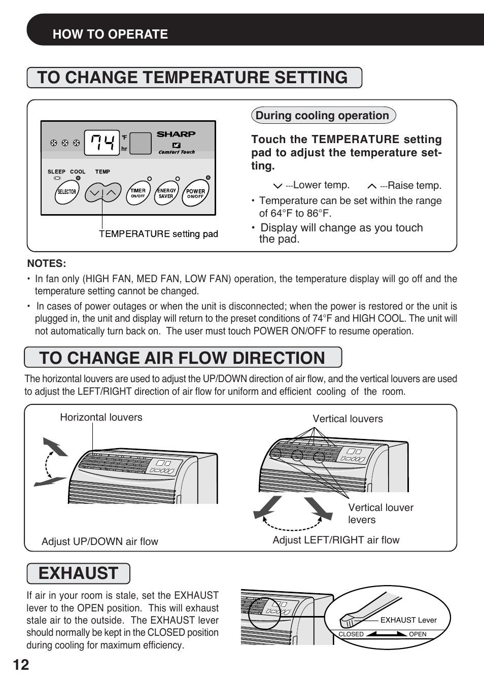 To change temperature setting, To change air flow direction, Exhaust | How to operate, Display will change as you touch the pad, During cooling operation | Sharp AF-S120EX User Manual | Page 12 / 20