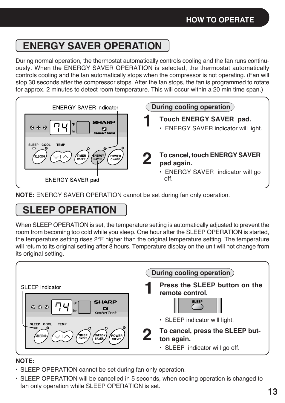 Energy saver operation, Sleep operation, How to operate | Sharp AF-S120EX User Manual | Page 13 / 20