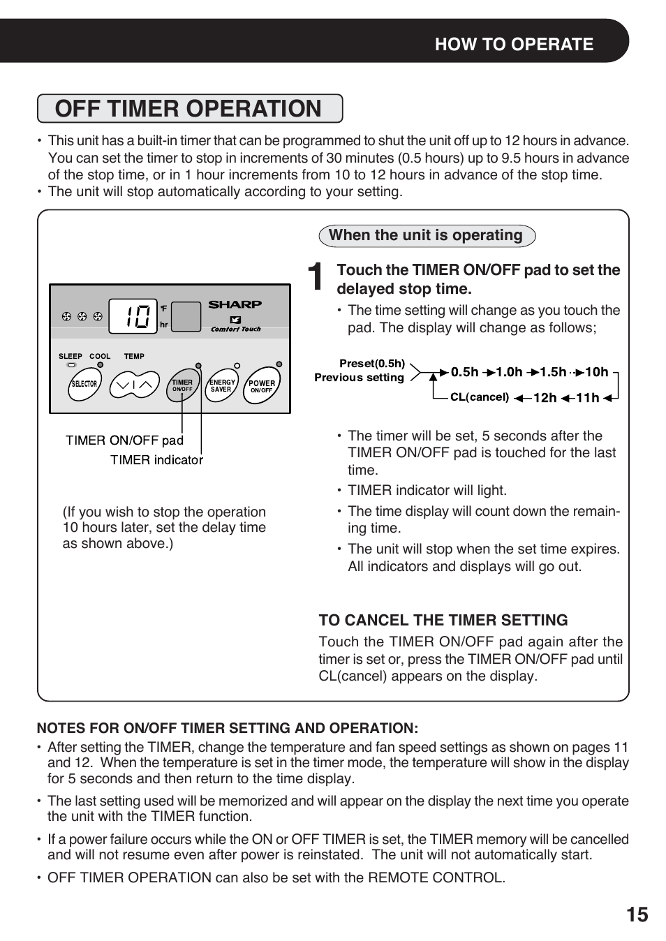 Off timer operation, How to operate, When the unit is operating | Sharp AF-S120EX User Manual | Page 15 / 20