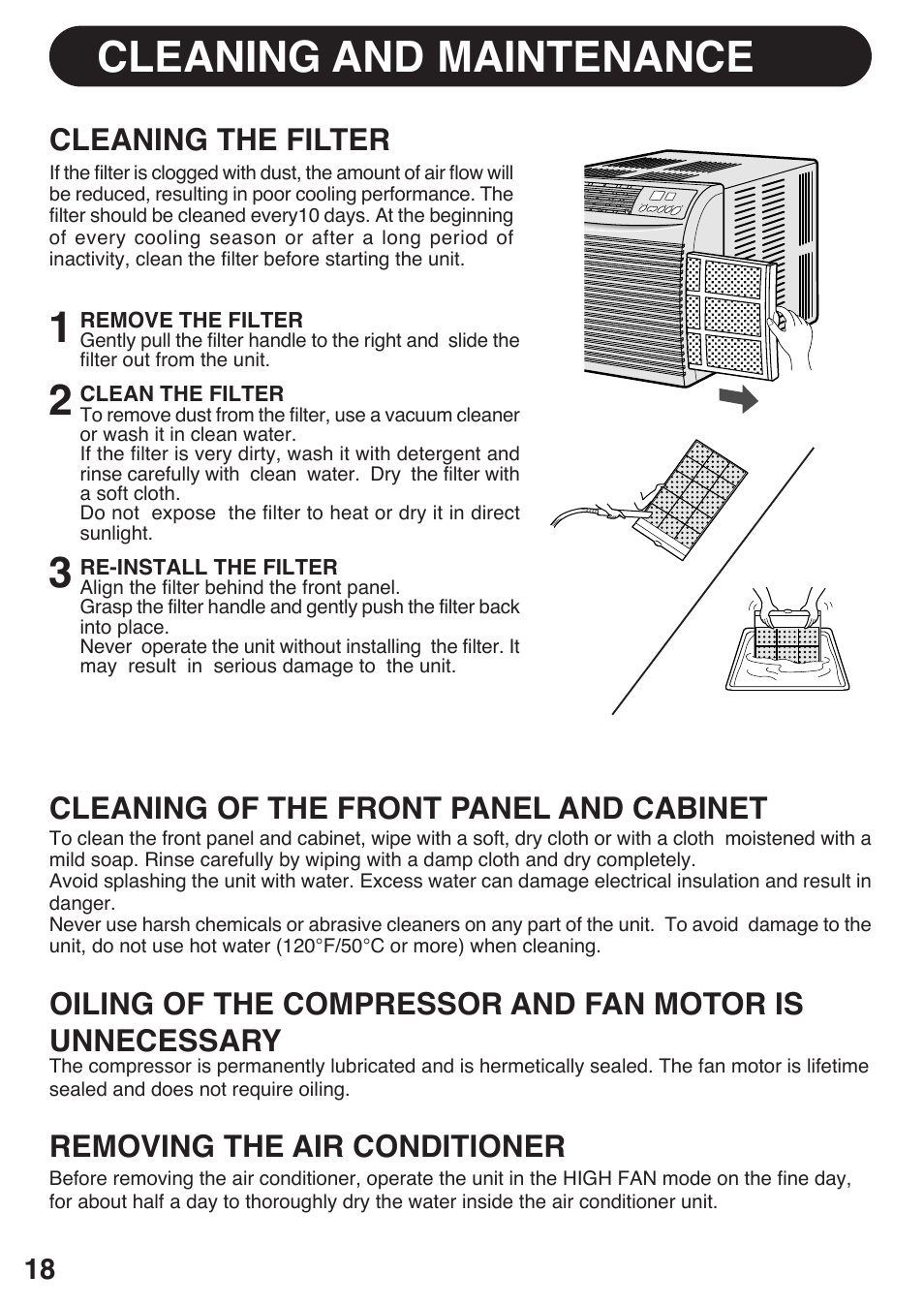 Cleaning and maintenance, Energy efficiency tips cleaning and maintenance, Cleaning the filter | Cleaning of the front panel and cabinet, Removing the air conditioner | Sharp AF-S120EX User Manual | Page 18 / 20