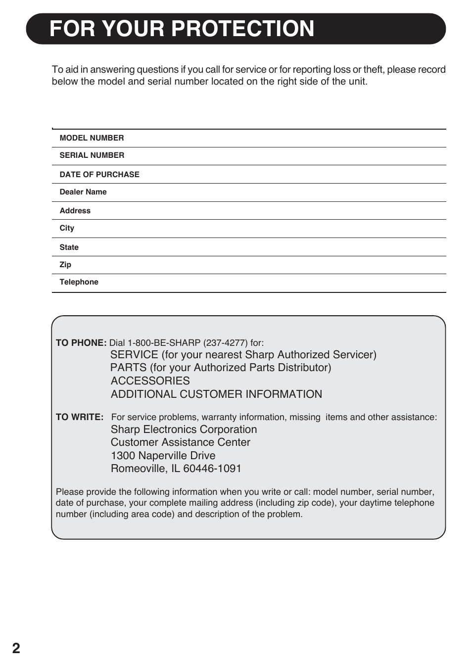 For your protection | Sharp AF-S120EX User Manual | Page 2 / 20