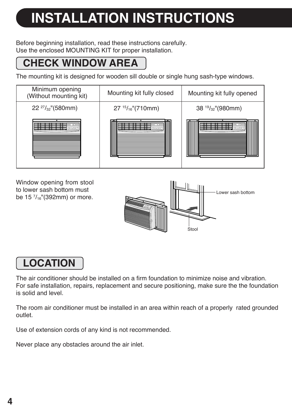 Installation instructions, Check window area, Location | Check window area location | Sharp AF-S120EX User Manual | Page 4 / 20