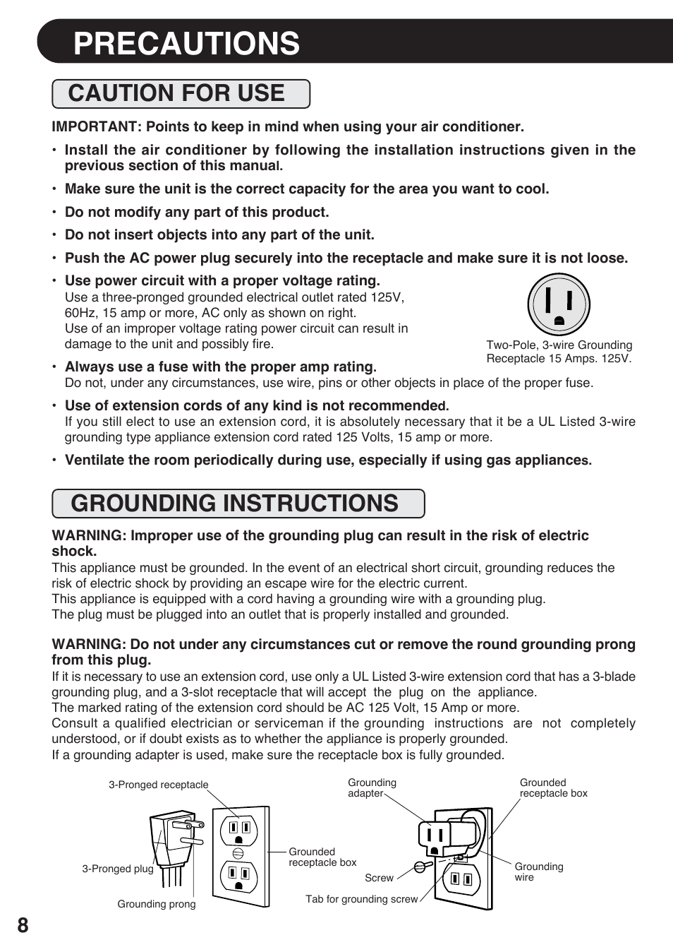 Precautions, Caution for use, Grounding instructions | Caution for use grounding instructions | Sharp AF-S120EX User Manual | Page 8 / 20