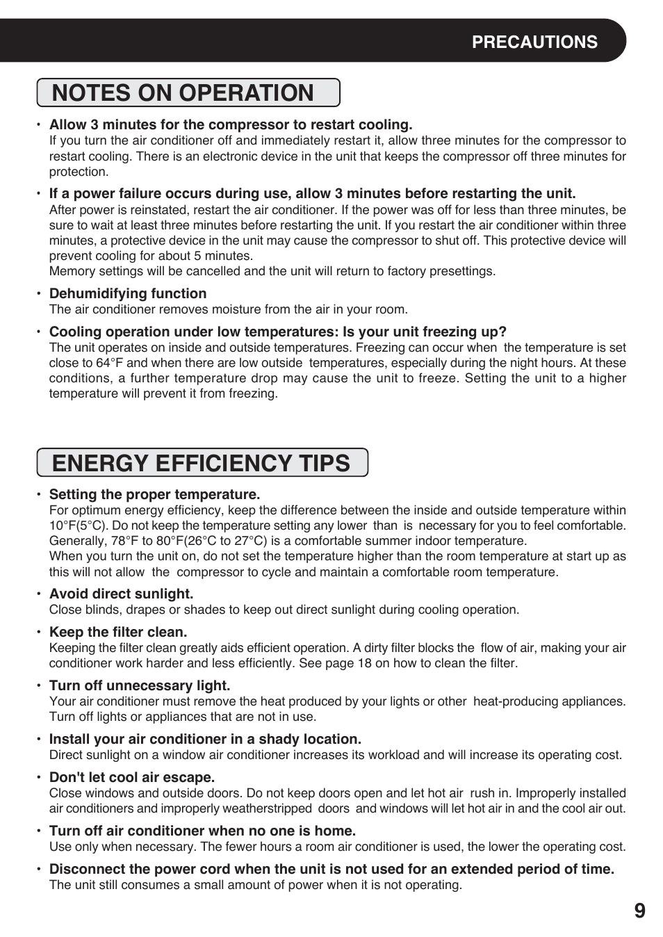 Notes on operation, Energy efficiency tips, Precautions | Sharp AF-S120EX User Manual | Page 9 / 20